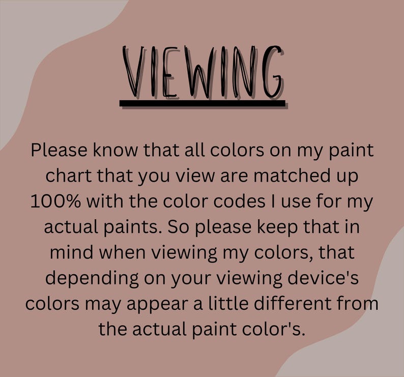 Puede incluir: Imagen con la palabra "VIEWING" en una fuente manuscrita sobre un p&aacute;rrafo de texto. El texto explica que los colores de la carta de colores coinciden con los c&oacute;digos de color utilizados para las pinturas reales.