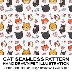 Può includere: Un motivo senza cuciture con illustrazioni disegnate a mano di vari volti di gatto, impronte di zampe rosa, lische di pesce blu e il testo I LOVE CAT. L'immagine include il testo CAT SEAMLESS PATTERN HAND DRAWN PET ILLUSTRATION 3500x3500 | 300 dpi | High Definition | PNG & TIFF.
