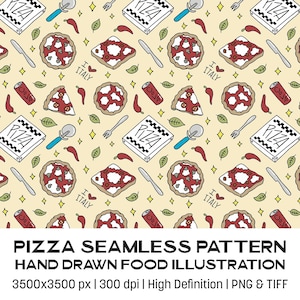 Può includere: Un motivo continuo su sfondo giallo chiaro con illustrazioni disegnate a mano di scatole per pizza con la scritta PIZZA, pizze intere, tranci di pizza, lattine rosse, rotelle tagliapizza, forchette, coltelli, peperoncini, foglie verdi e il testo I HEART ITALY.