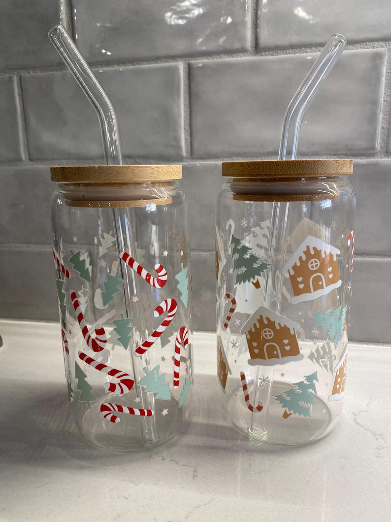 Christmas Glass Iced Coffee Cup | Bamboo Lid & Glass Straw - Etsy