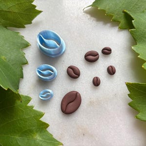 Könnte beinhalten: Draufsicht mit Kaffeethemen. Mehrere braune, kaffeebohnenförmige Objekte und drei blaue, kaffeebohnenförmige Ausstecher sind auf einer weißen Oberfläche angeordnet und von grünen Blättern umrahmt.