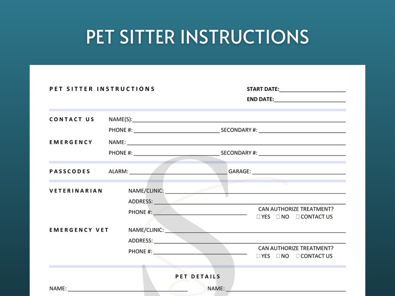Printable Pet Sitter Instructions Pet Sitting Form Pet Sitter Notes Pet