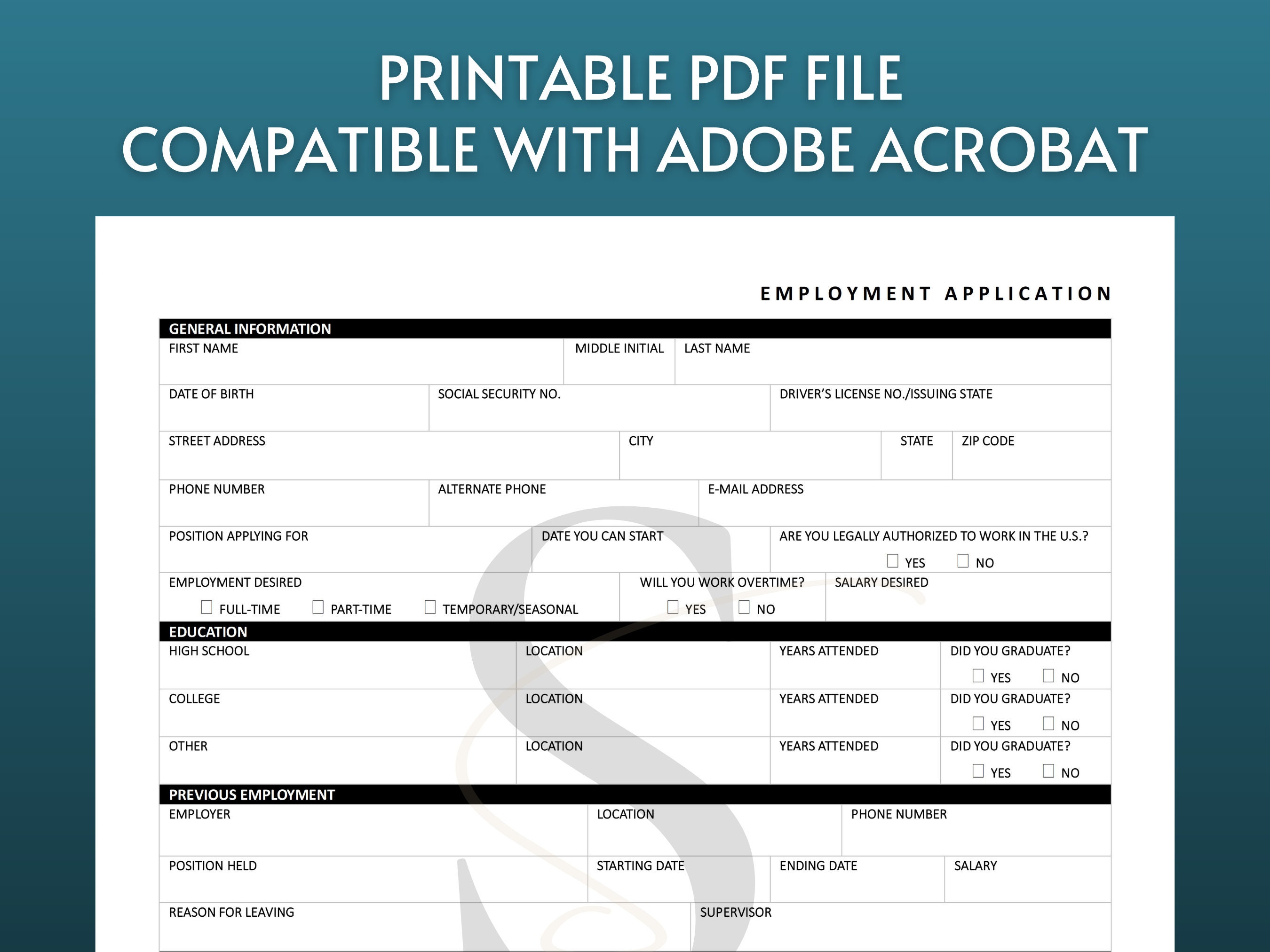 Printable Employment Application PDF Digital Job Application Template ...