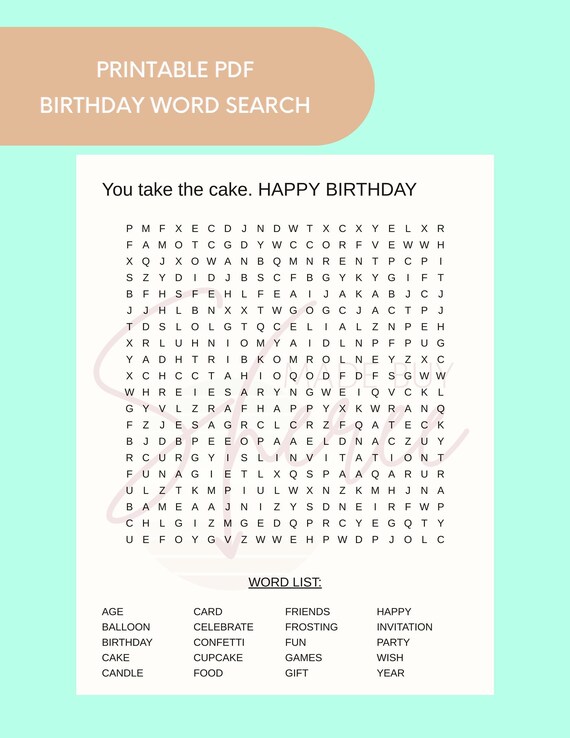 Printable Happy Birthday Word Search Digital Download Activity | Etsy