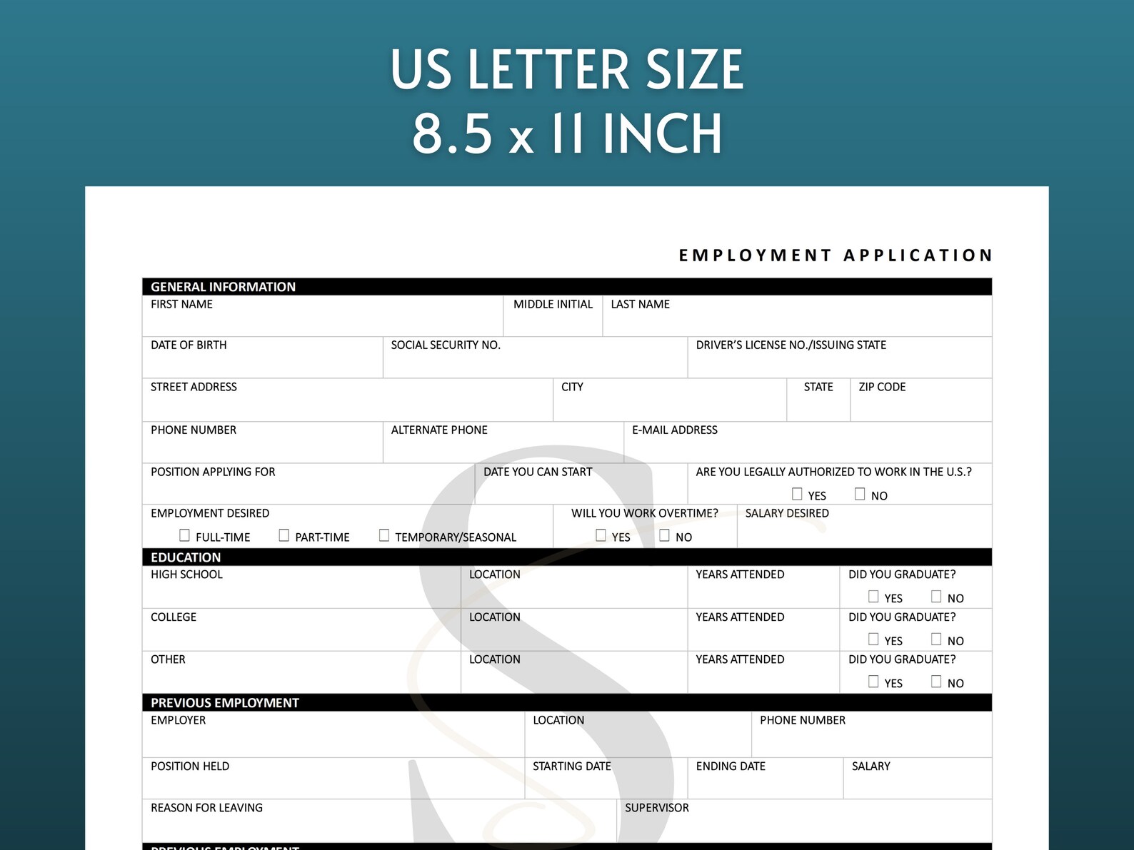 Printable Employment Application PDF Digital Job Application Template ...