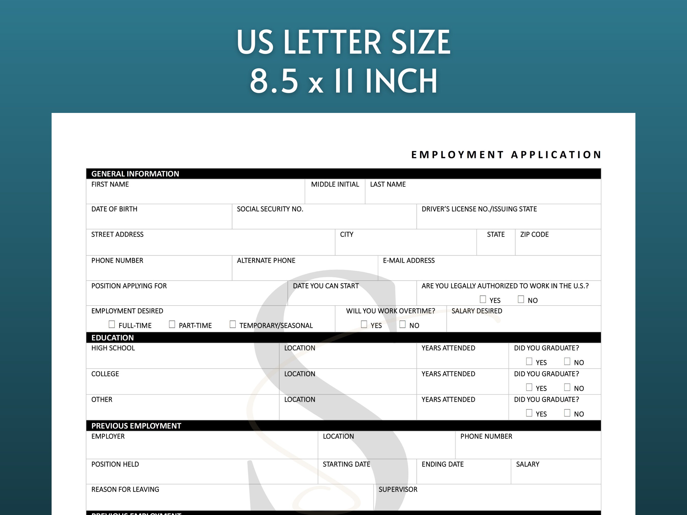 Printable Employment Application PDF Digital Job Application Template ...
