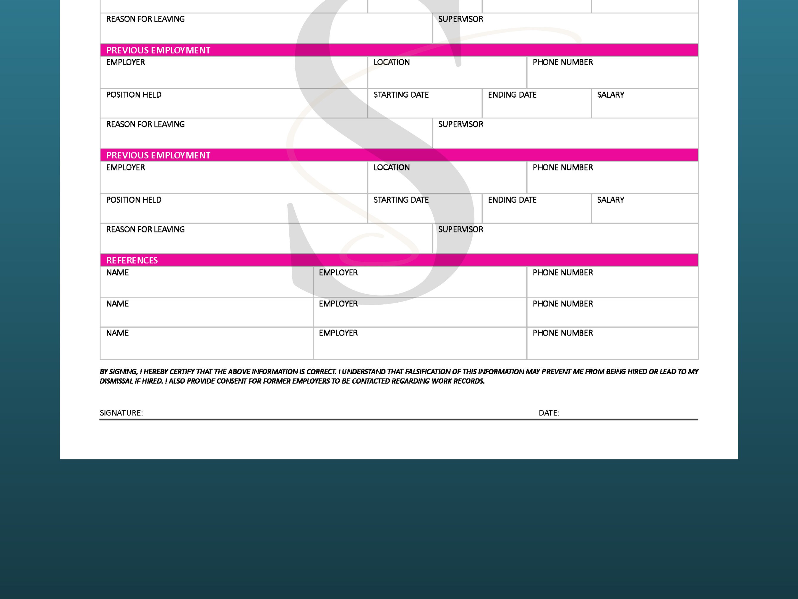 Printable Job Application Template Form Digital Download Professional ...