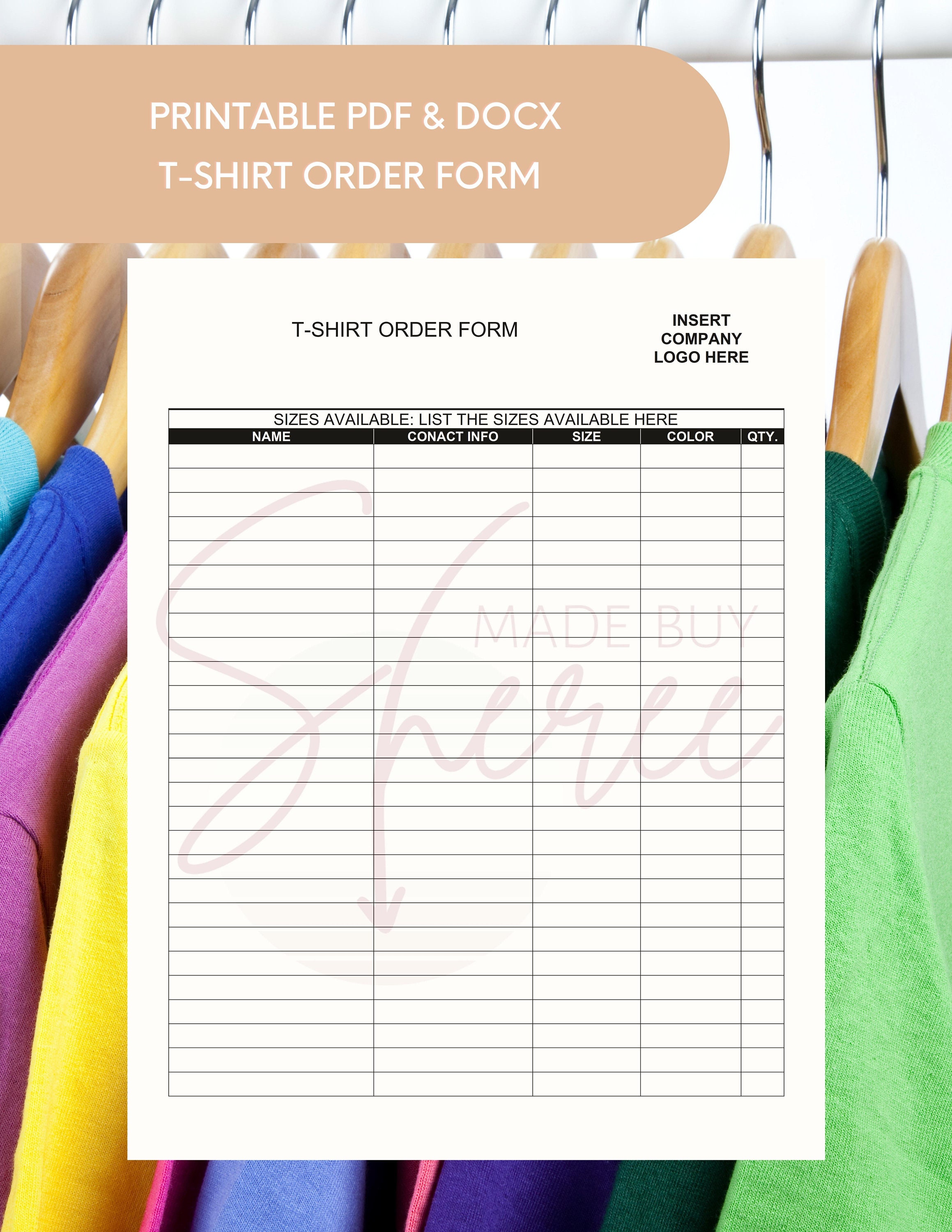Printable T Shirt Order Form Template Digital Download | Etsy