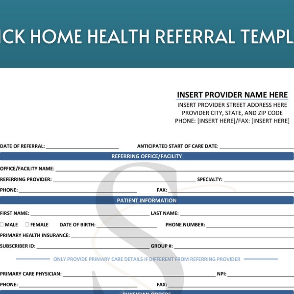 Printable Home Health Care Referral Form Template Digital Download Home Health Template Home Health Nurse Skilled Nursing Visit in Home Care