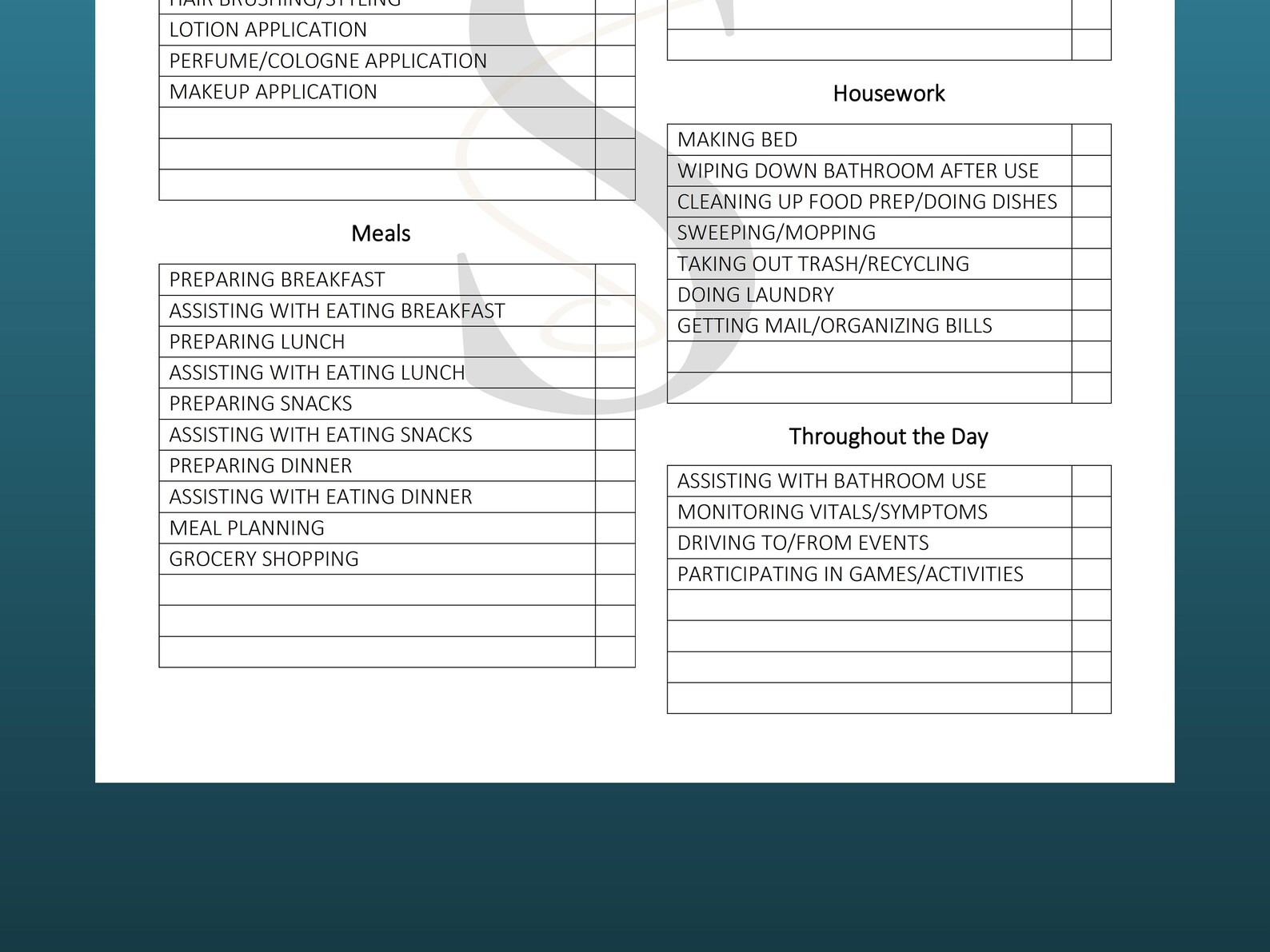 Printable Caregiver Daily Checklist Digital Download Senior Care Medical Binder Template ...