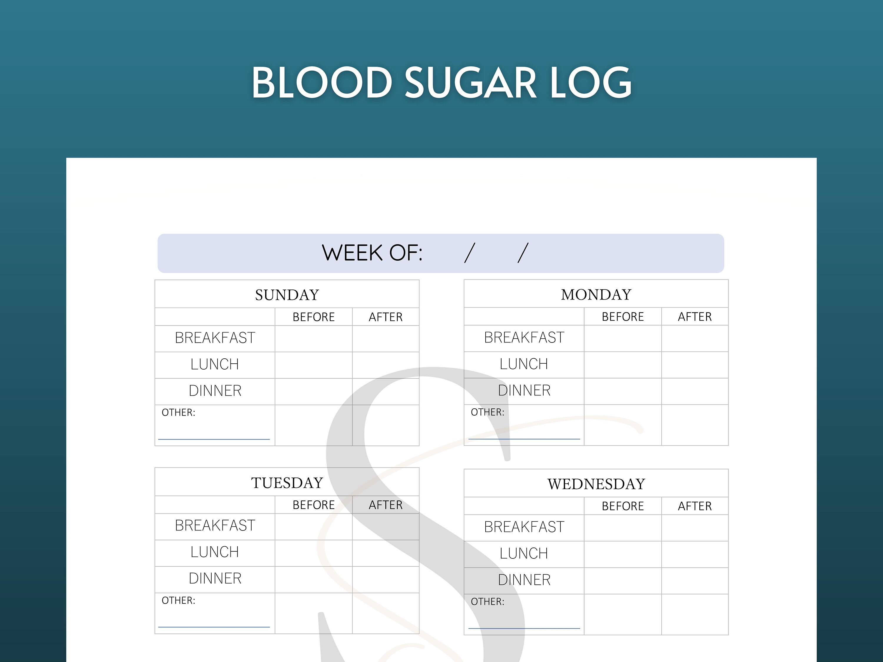 Printable Blood Sugar Log Digital Download Glucose Log Instant Download ...