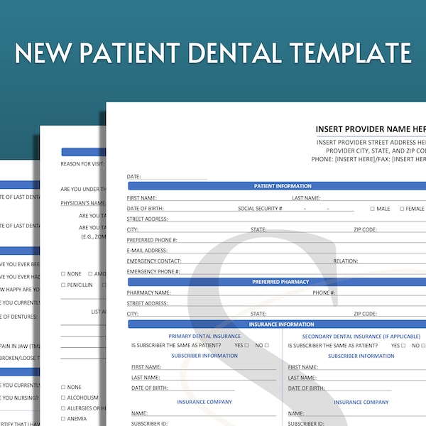 Printable Dental Form Template for Dentist New Patient Dental History Intake Instant Download Editable Printable Oral Health Business Forms