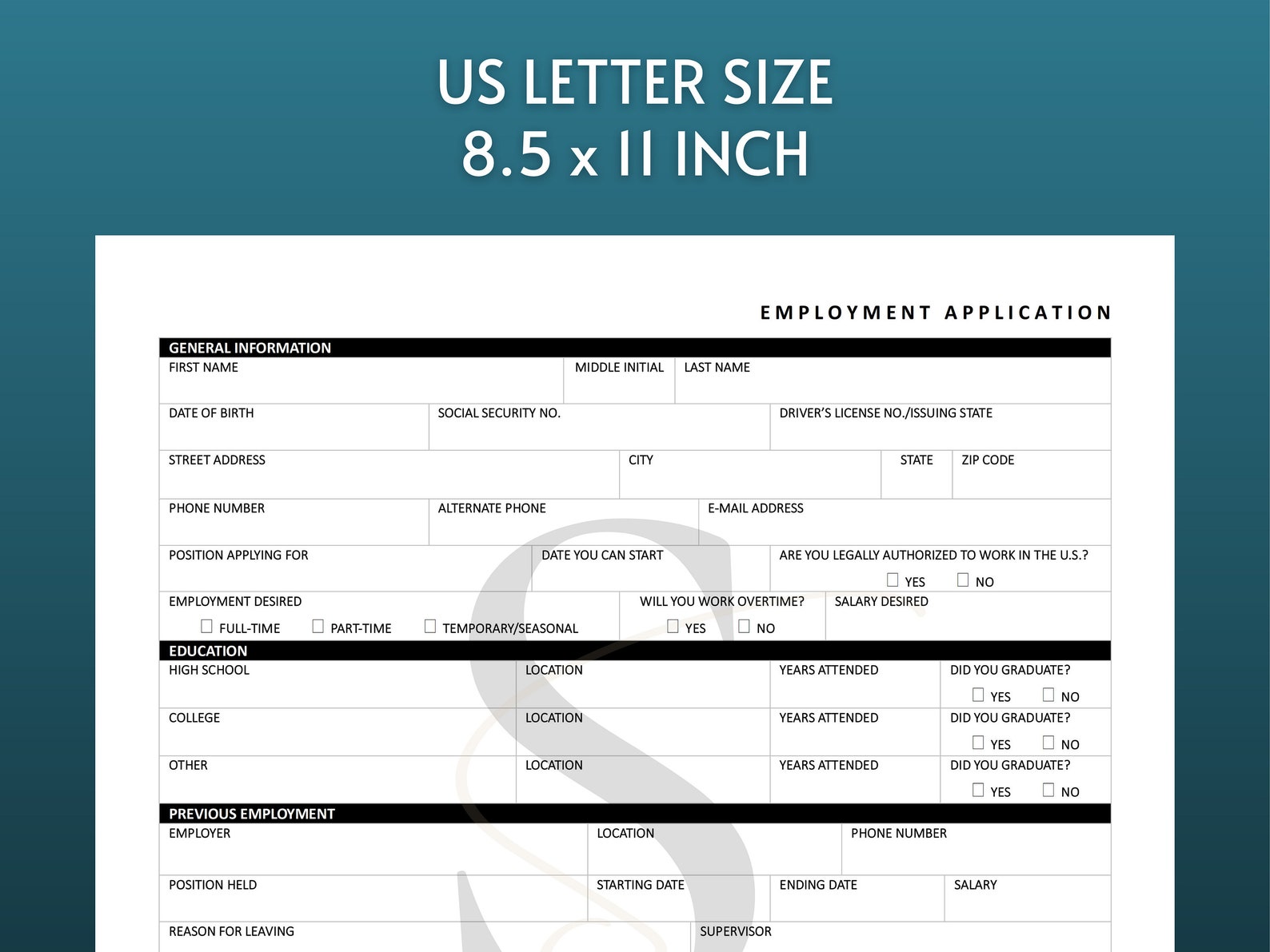 Printable Employment Application PDF Digital Job Application - Etsy