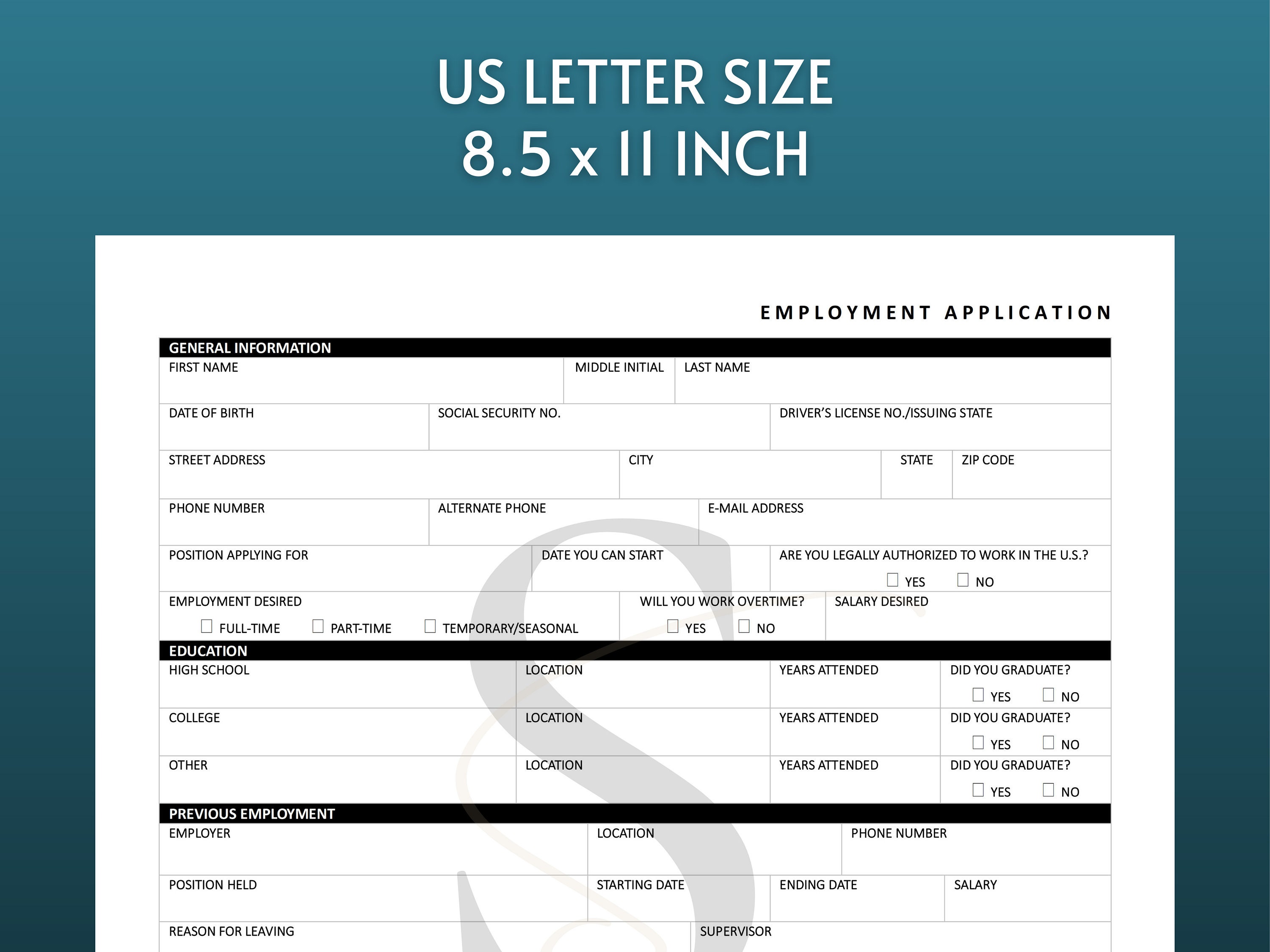 Printable Employment Application PDF Digital Job Application - Etsy