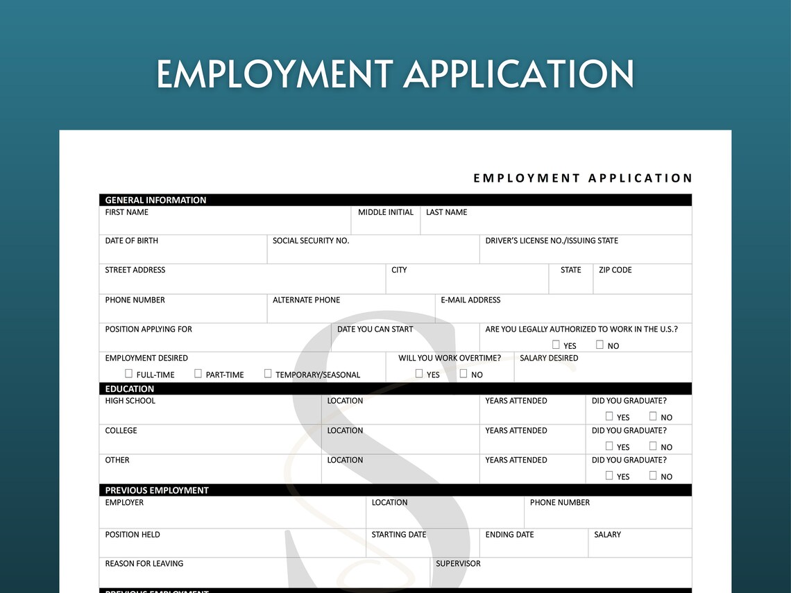 Printable Employment Application PDF Digital Job Application - Etsy