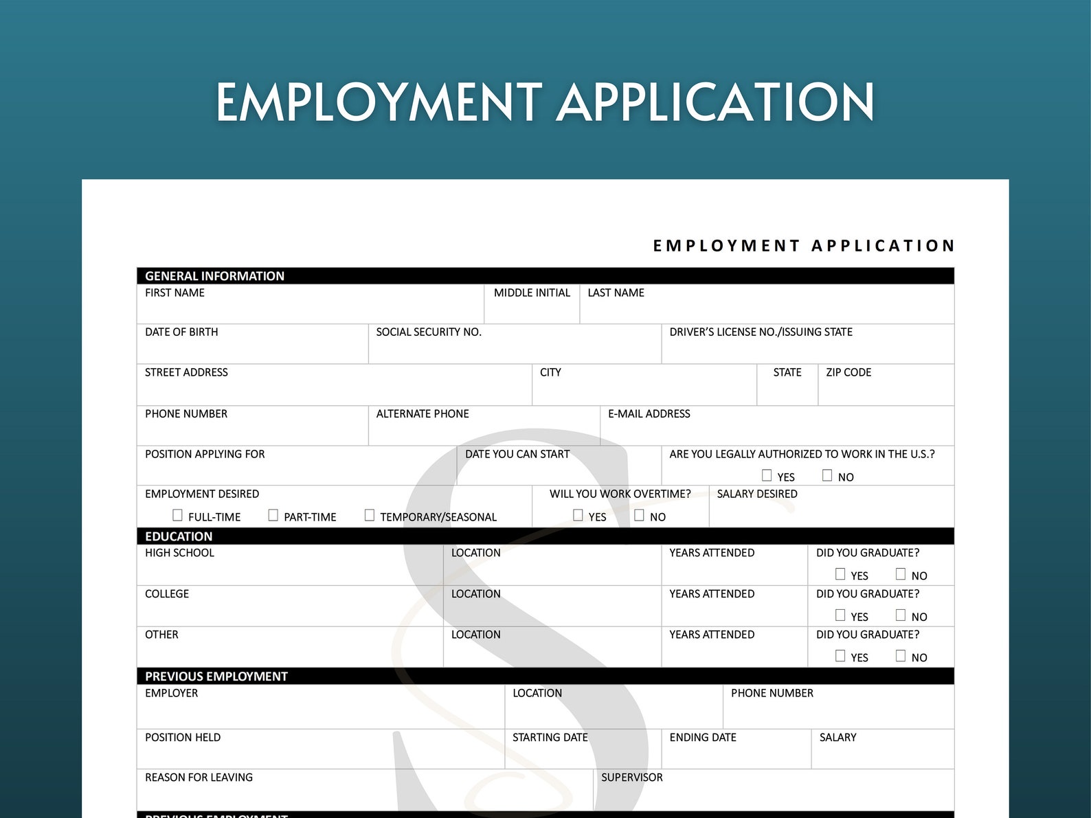 Printable Employment Application PDF Digital Job Application - Etsy