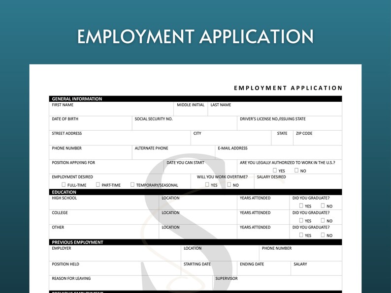 Printable Employment Application PDF Digital Job Application - Etsy