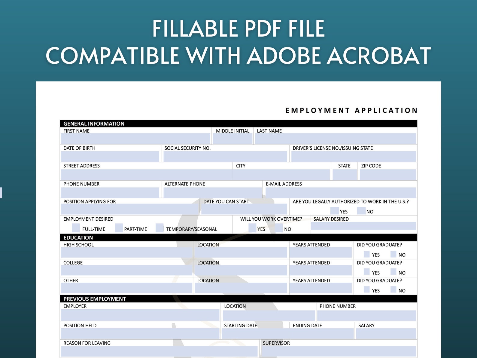 Printable Employment Application PDF Digital Job Application Template ...