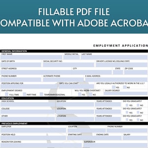 Printable Employment Application PDF Digital Job Application Template ...