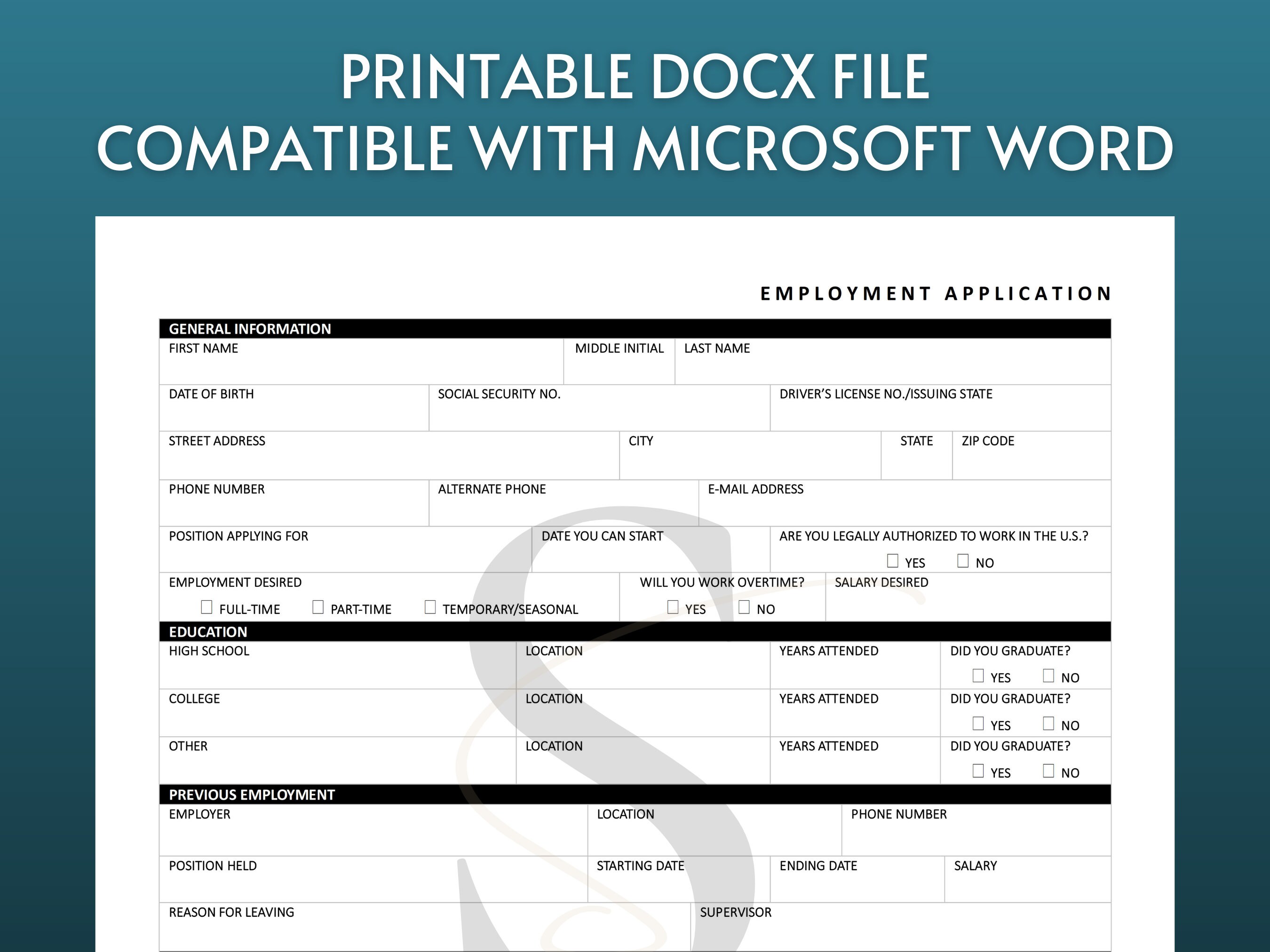 Printable Employment Application PDF Digital Job Application Template ...
