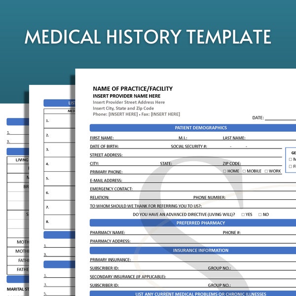 Printable Medical History Form Template Digital Download Health History Form Template New Patient Intake Form Medical Office Template Forms