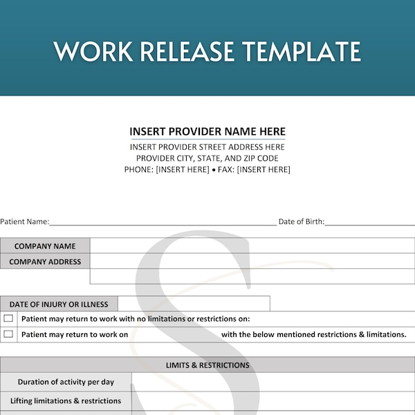 Printable Work Release Template Medical Office Forms Work Excuse Editable Digital Downloads Return to Work Note PDF DOCX Instant Download