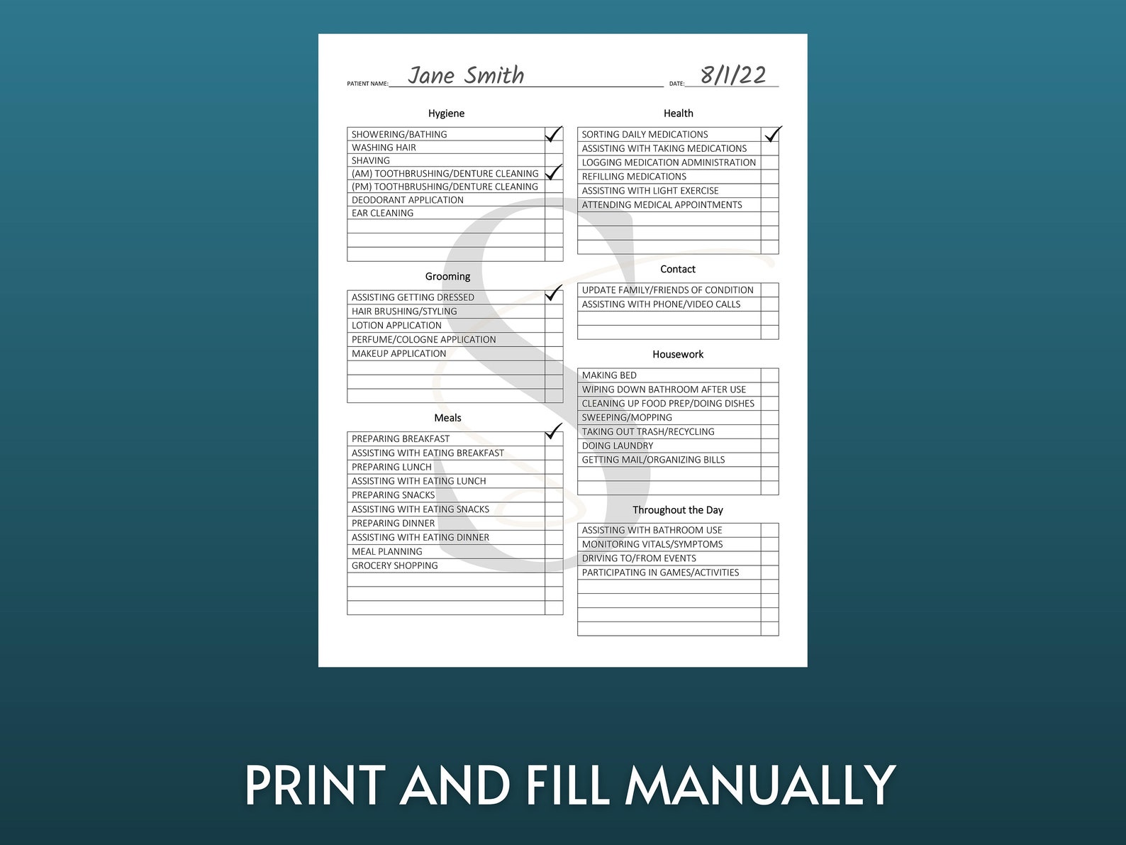 Printable Caregiver Daily Checklist Digital Download Senior Care ...