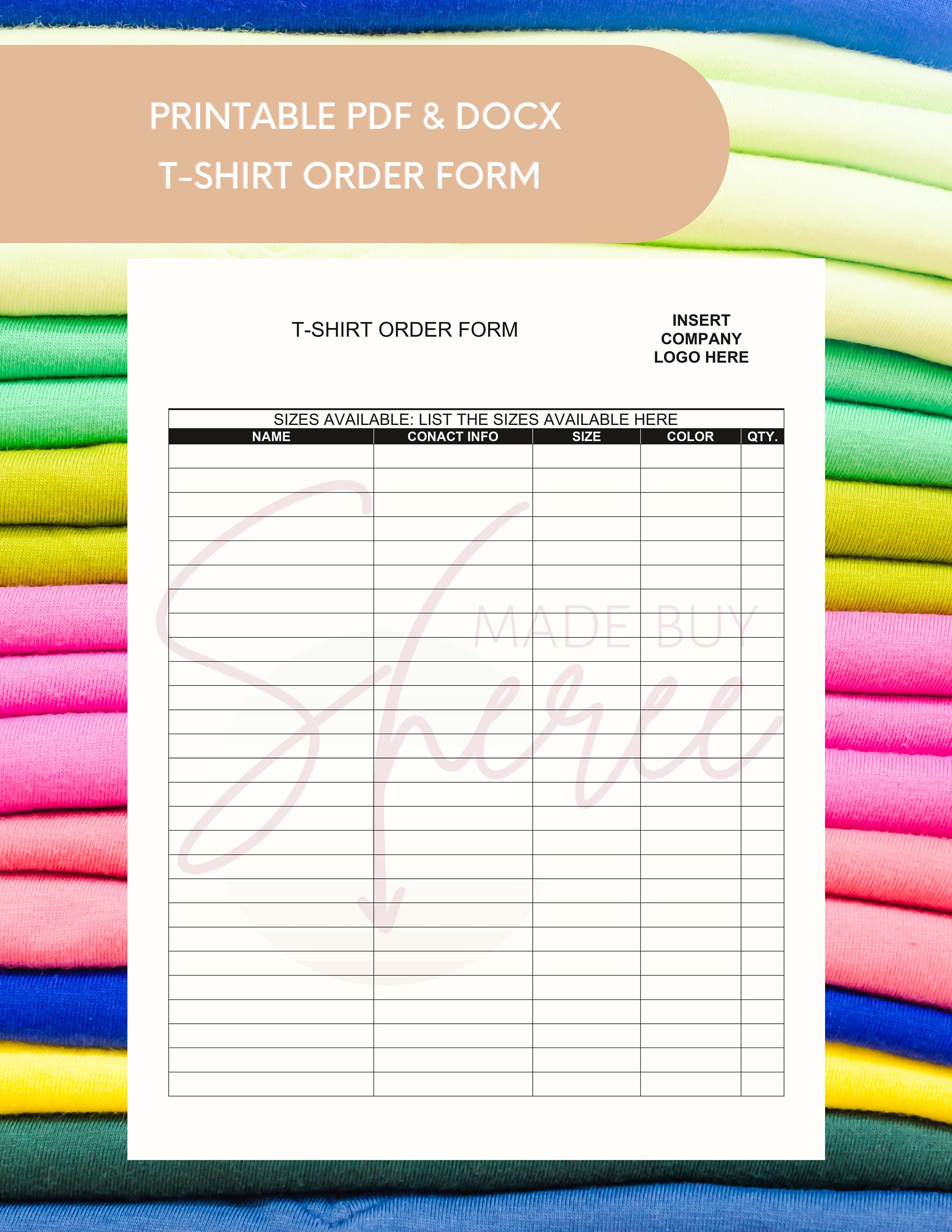 Printable T Shirt Order Form Template Digital Download | Etsy
