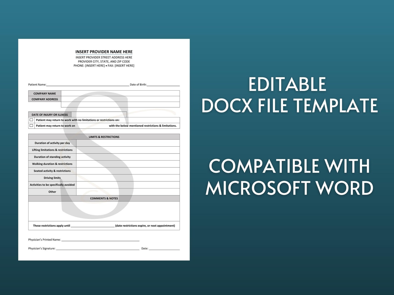Printable Work Release Template Medical Office Forms Work Excuse ...
