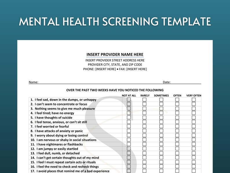 Mental Health Screening Template Therapy Office Counseling Intake Form