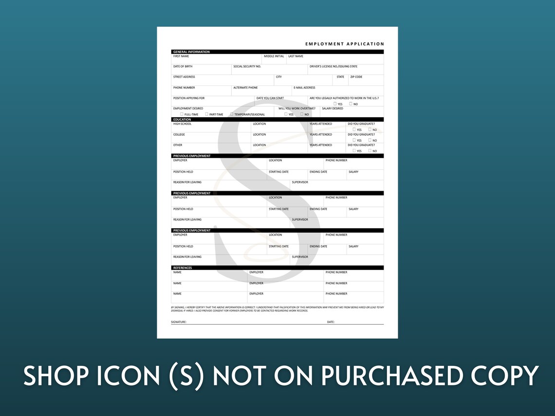 Printable Employment Application PDF Digital Job Application Template ...