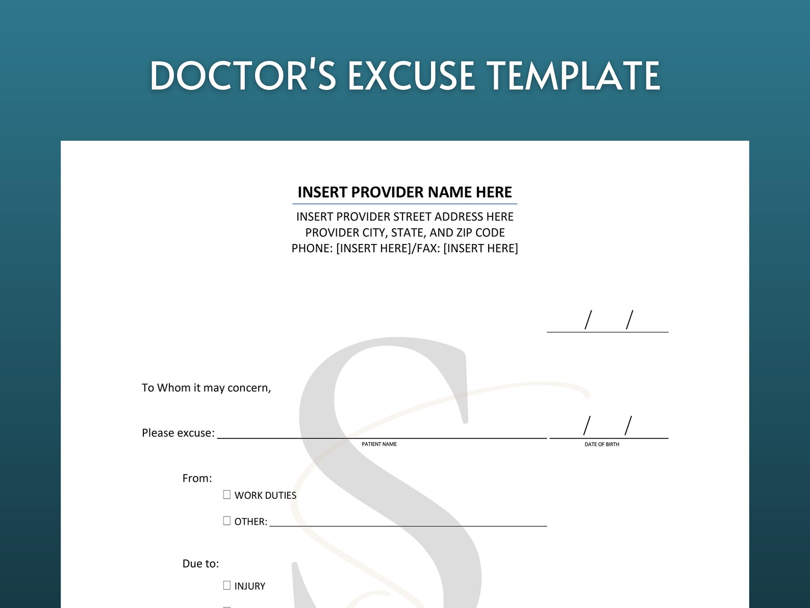 Printable Doctor's Excuse Template Digital Download Doctor Note Work ...