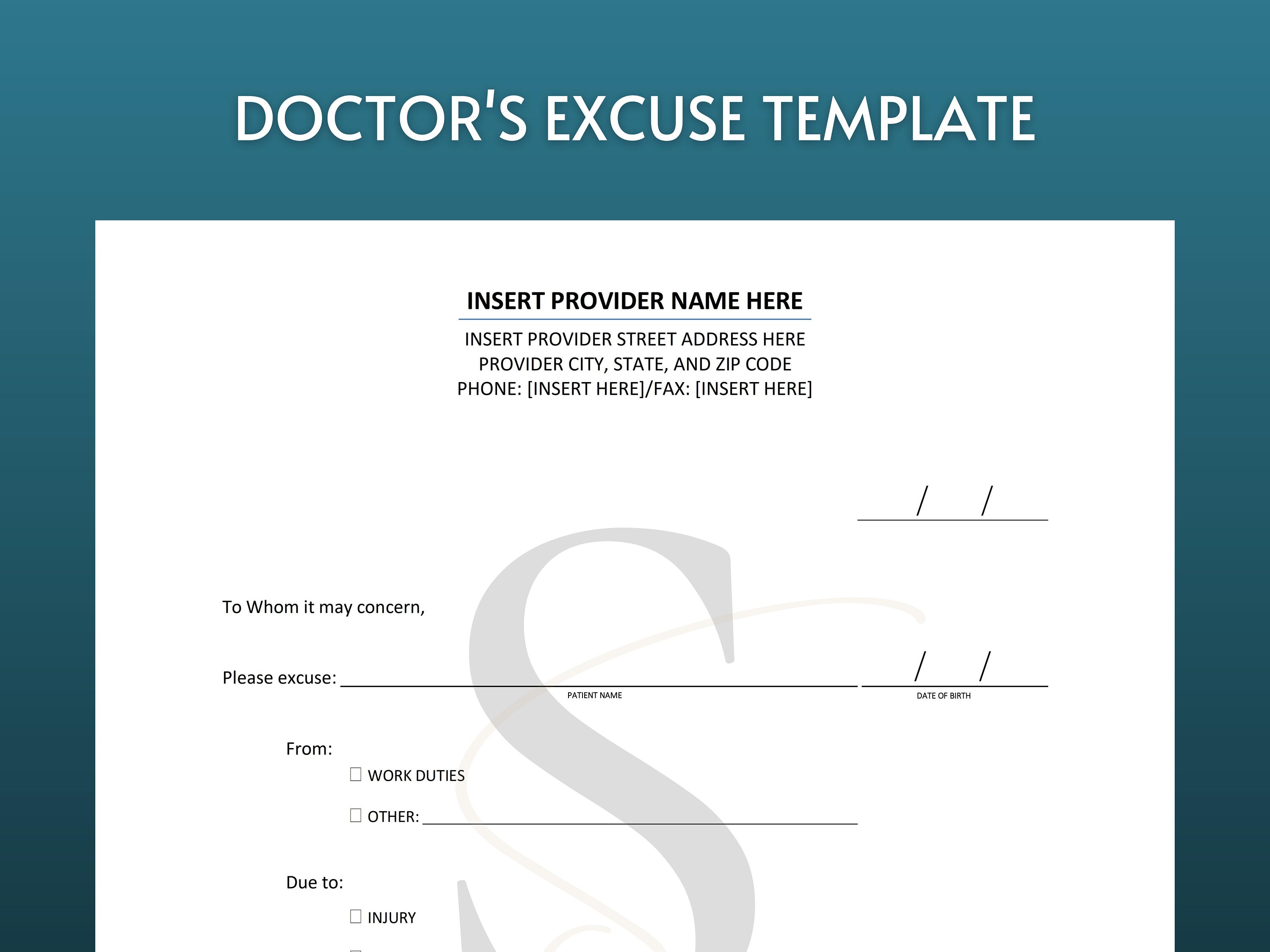Printable Doctor s Excuse Template Medical Office Forms Etsy