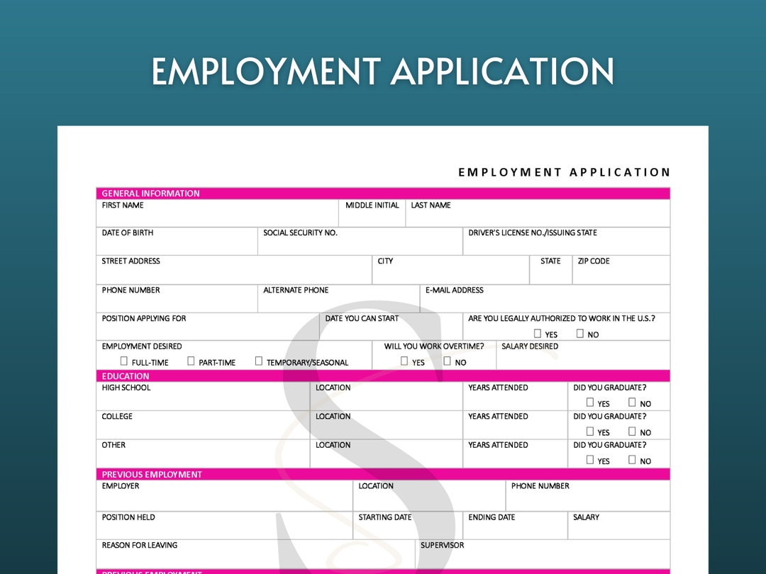 Printable Job Application Template Form Digital Download Professional Job Application Form ...