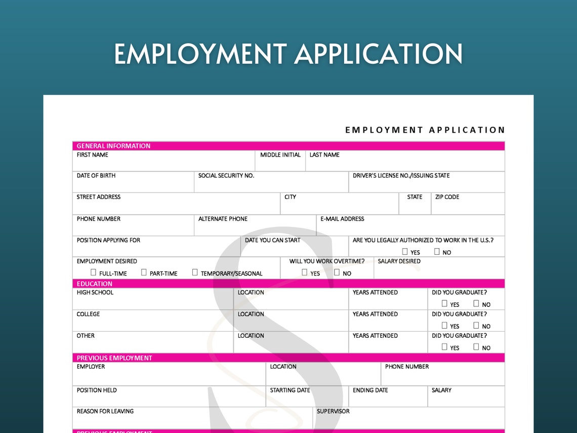 Printable Job Application Template Form Digital Download Professional ...