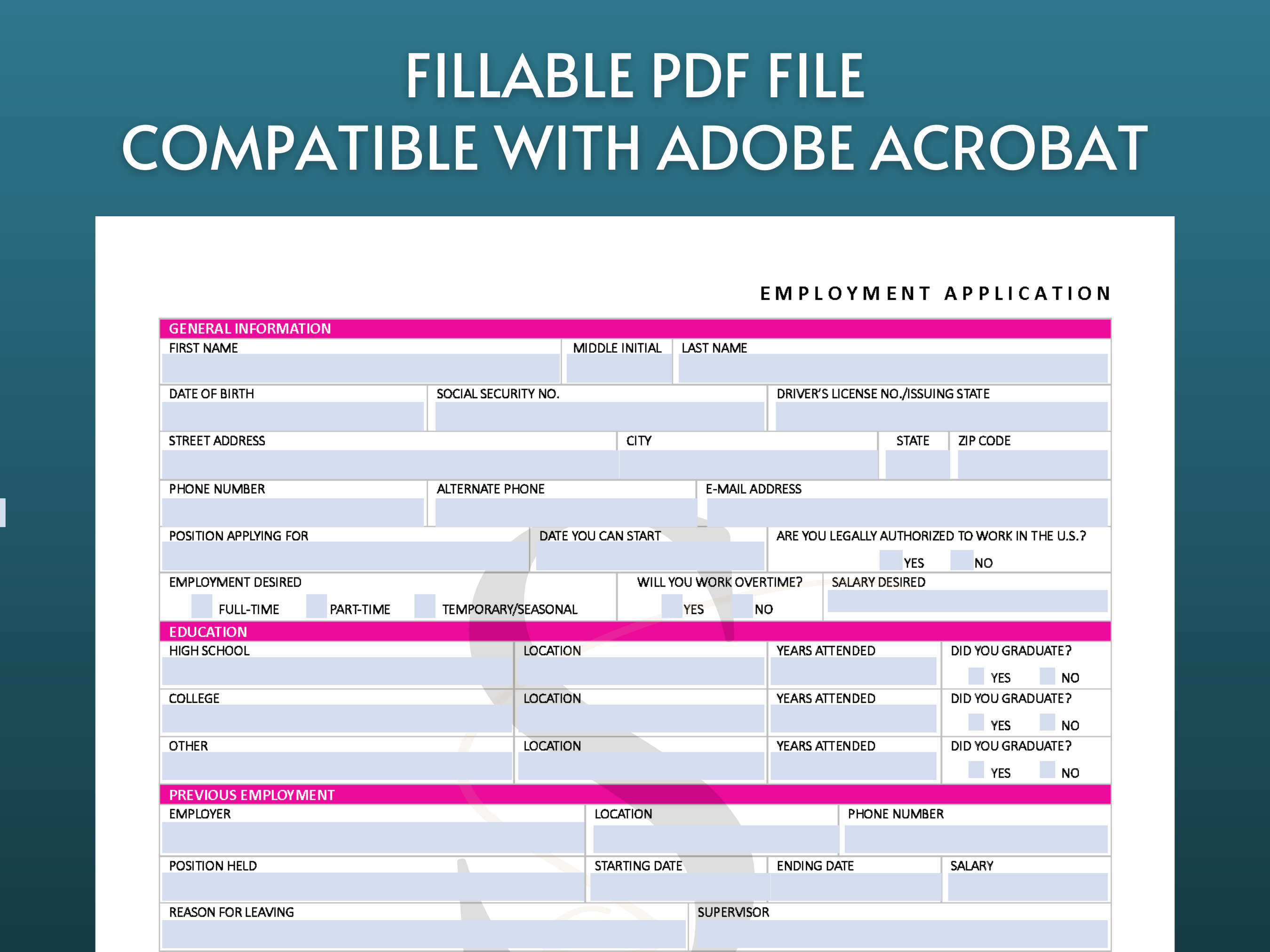 Printable Job Application Template Form Digital Download Professional ...