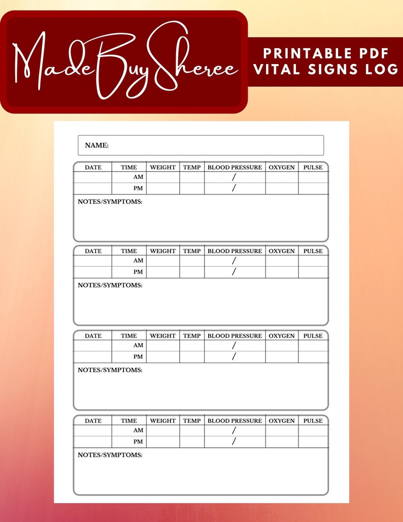 VITAL SIGNS LOG Printable Template includes Weight Etsy VITAL SIGNS LOG Printable Template includes Weight Etsy