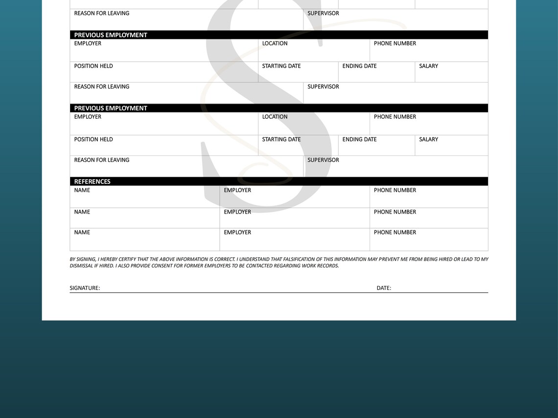 Printable Employment Application PDF Digital Job Application - Etsy