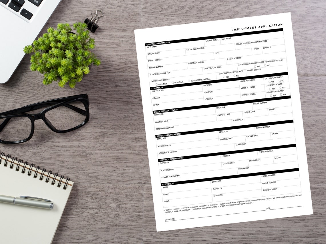 Printable Employment Application PDF Digital Job Application Template ...