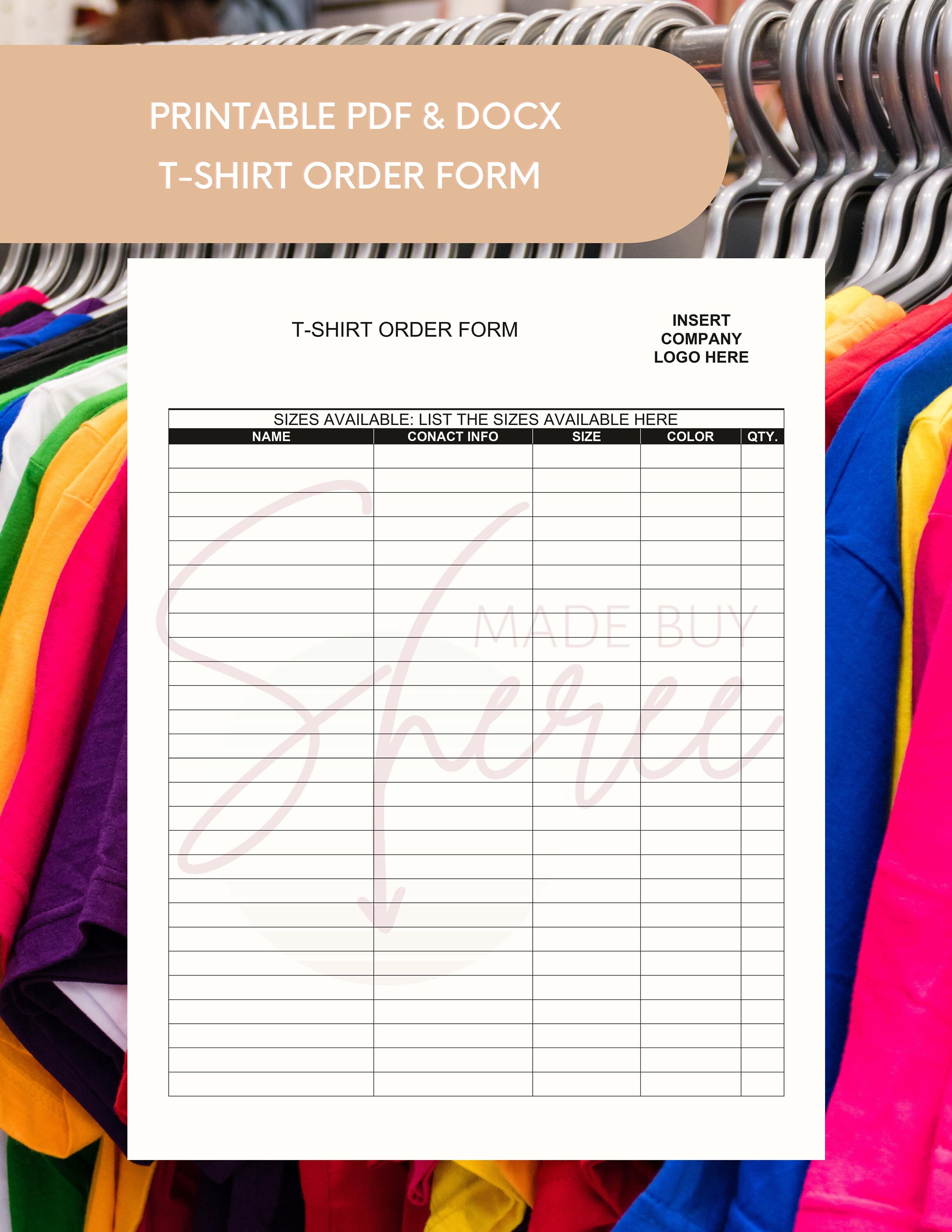 Printable T Shirt Order Form Template Digital Download | Etsy
