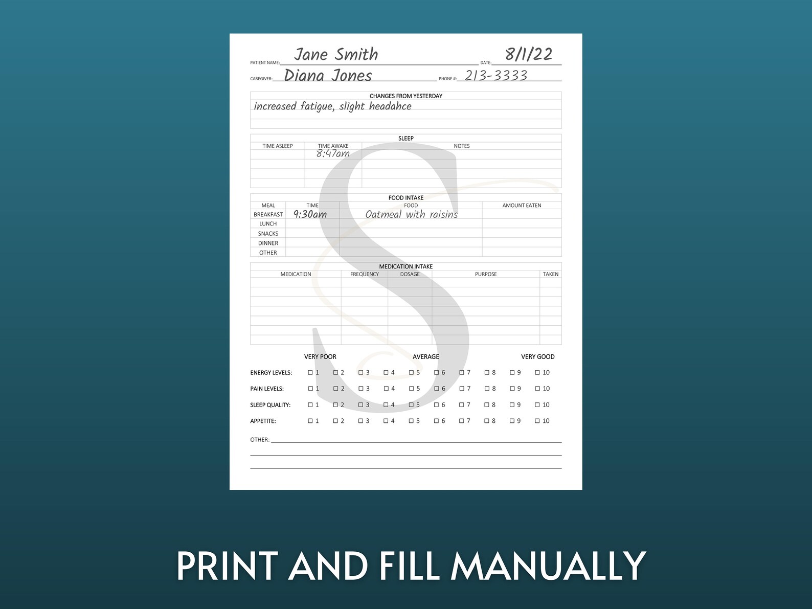 Printable Caregiver Daily Notes Template Digital Download Home Health