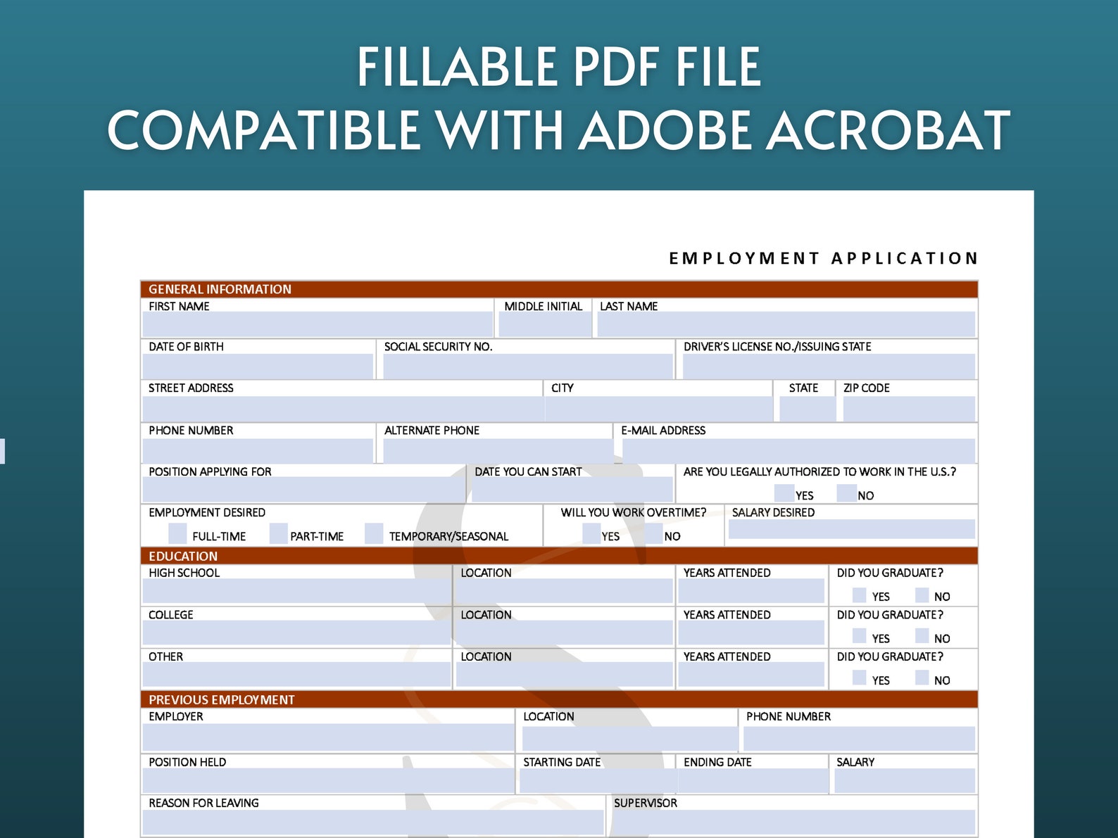 Printable Job Application Template Form Digital Download Employment Application Form Job ...