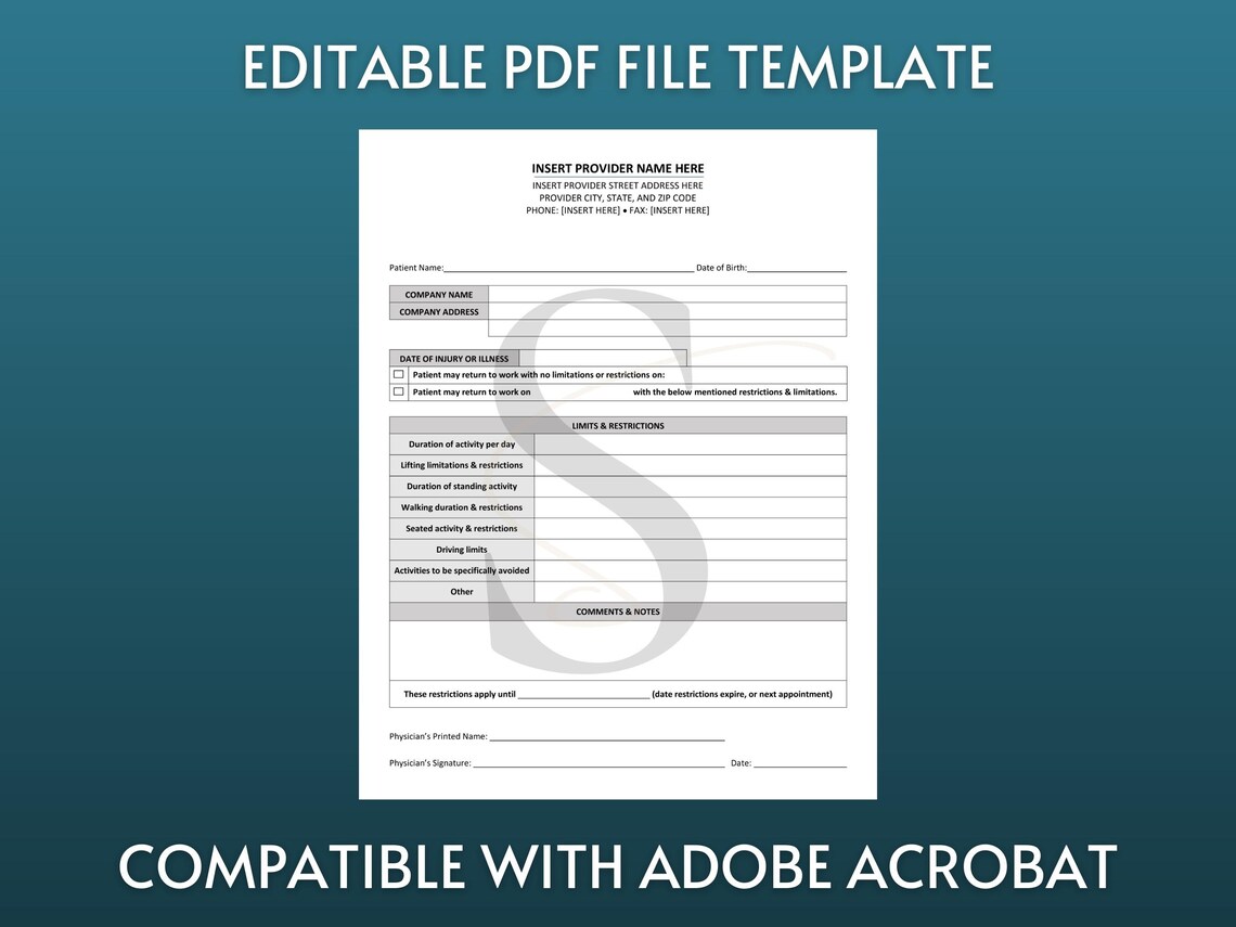 Printable Work Release Template Medical Office Forms Work Excuse ...