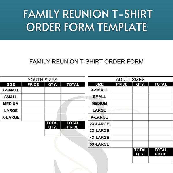 Printable Family Reunion T-Shirt Order Form Template Digital Download Editable Fillable Family T-Shirt Order Form PDF Instant Download