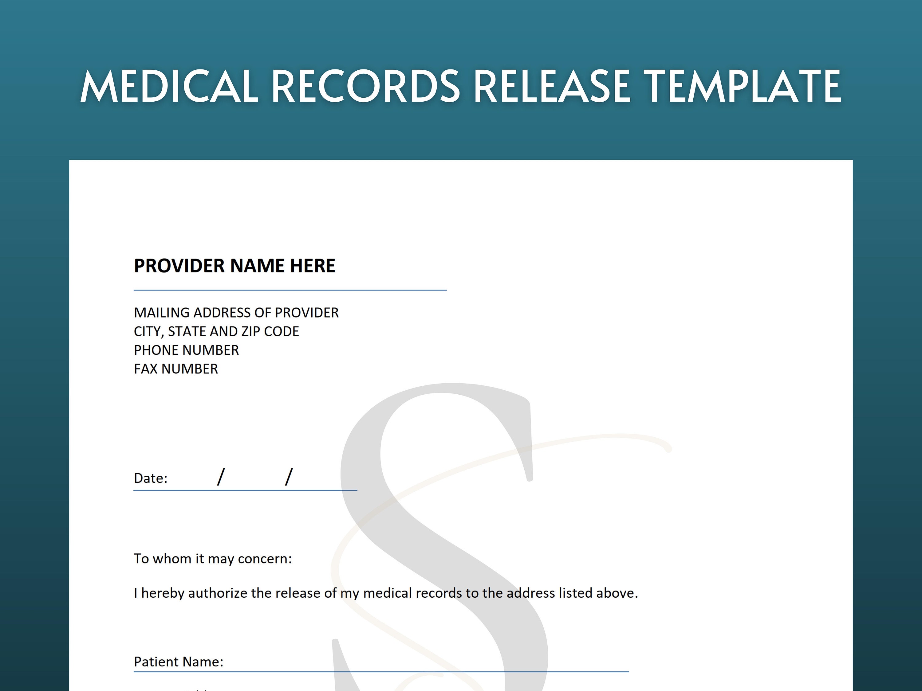 printable medical records release form digital download medical