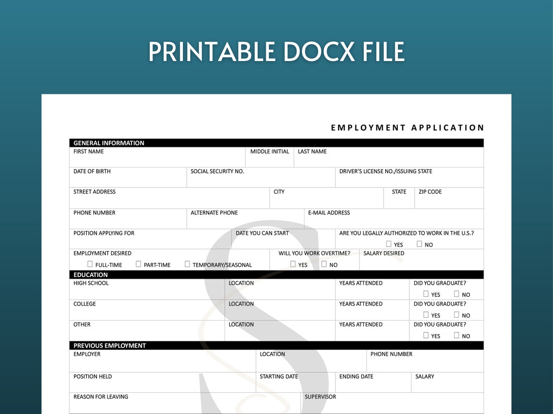 Printable Employment Application PDF Digital Job Application - Etsy