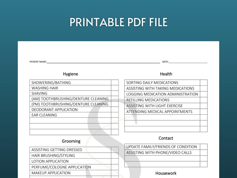 Printable Caregiver Daily Checklist Digital Download Senior Care ...