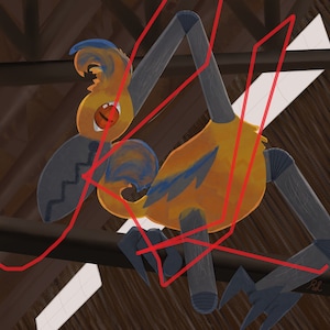 May include: A stylized illustration of a bird with a long neck and legs, with a yellow, orange, and blue color scheme. The bird is depicted in a dynamic pose, with its legs and neck bent at odd angles. The bird is drawn against a background of brown wooden beams.