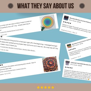 Pu&ograve; includere: Un collage di recensioni dei clienti intitolato WHAT THEY SAY ABOUT US, con valutazioni a cinque stelle, testimonianze testuali e piccole immagini in miniatura di modelli di mandala all'uncinetto, tra cui un design circolare arcobaleno.