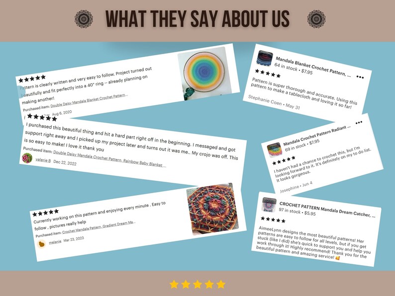 Pu&ograve; includere: Un collage di recensioni dei clienti intitolato WHAT THEY SAY ABOUT US, con valutazioni a cinque stelle, testimonianze testuali e piccole immagini in miniatura di modelli di mandala all'uncinetto, tra cui un design circolare arcobaleno.